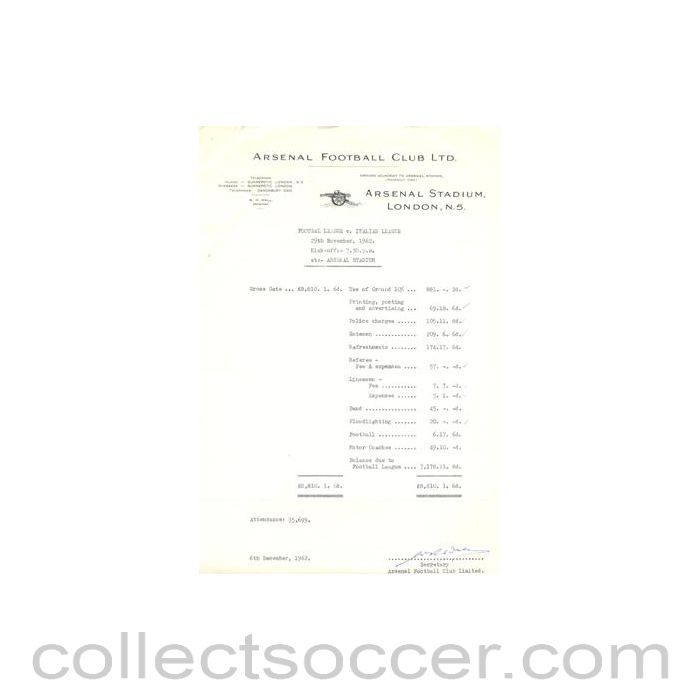 1962 - Arsenal Stadium bill, originally signed by the Secretary of Arsenal FC 06/12/1962