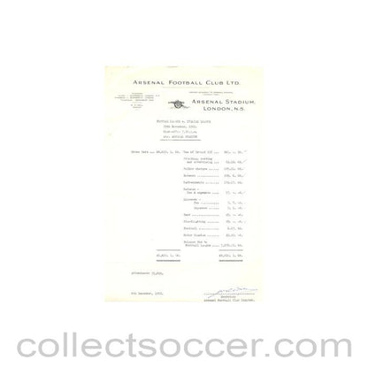 1962 - Arsenal Stadium bill, originally signed by the Secretary of Arsenal FC 06/12/1962