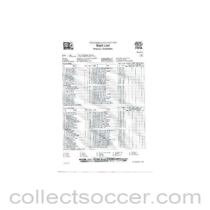 2003 - France v Colombia 18/06/2003 Start List FIFA Confederations Cup France 2003