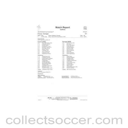 2002 World Cup - France v Senegal 31/05/2002 Match Report & Game Statistics Half Time