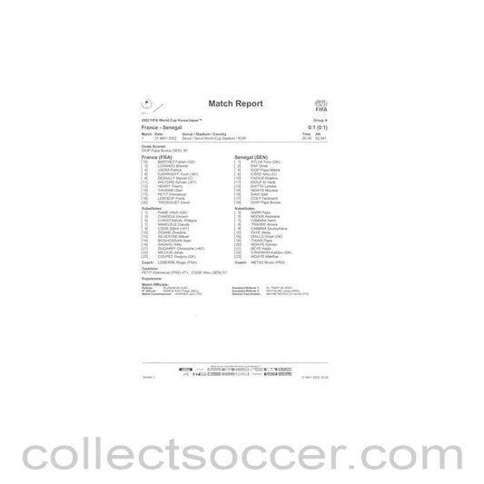 2002 World Cup - France v Senegal 31/05/2002 Match Report & Game Statistics
