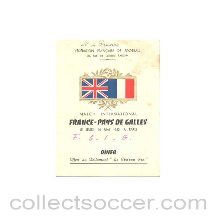 1953 - France v Wales fully signed menu 14/05/1953