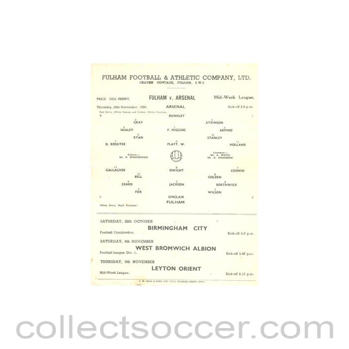 1950 - Fulham v Arsenal official programme 26/11/1950 Reserves