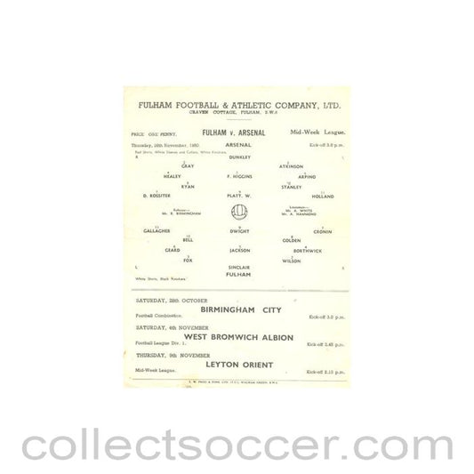 1950 - Fulham v Arsenal official programme 26/11/1950 Reserves