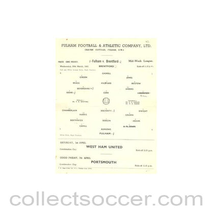 1950 - Fulham v Brentford official programme 29/03/1950 Reserves