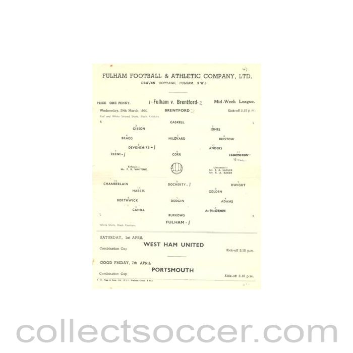 1950 - Fulham v Brentford official programme 29/03/1950 Reserves