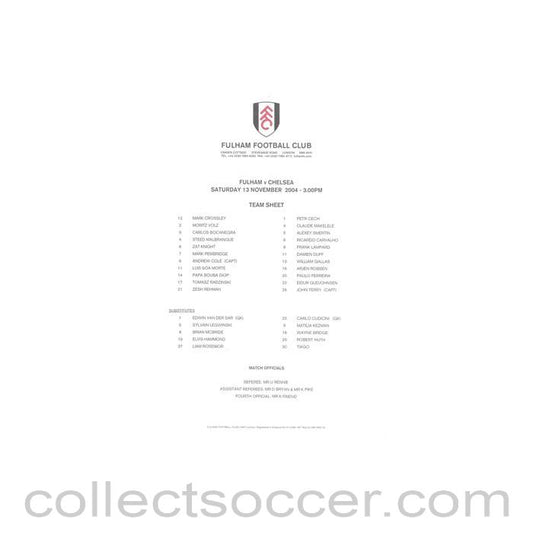 2004 - Chelsea v Fulham official colour teamsheet 13/11/2004