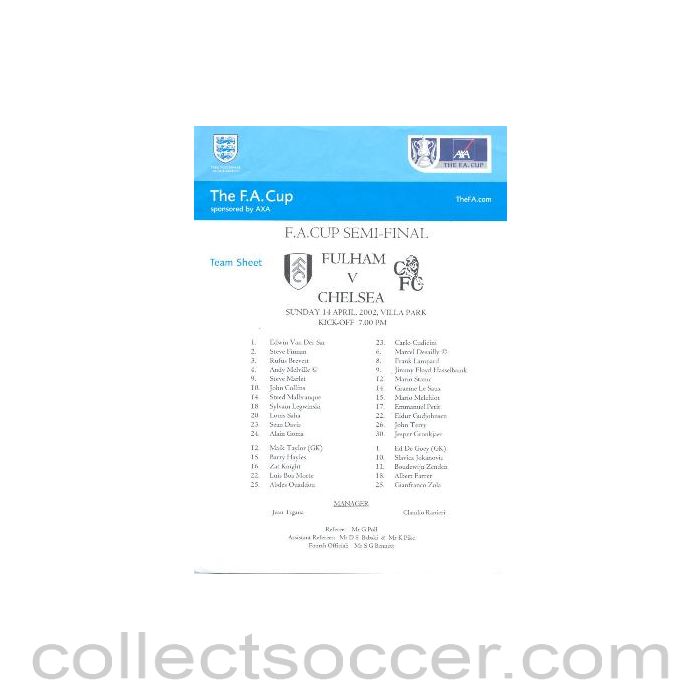 2002 - Fulham v Chelsea official colour printed teamsheet 14/04/2002 FA Cup Semi-Final