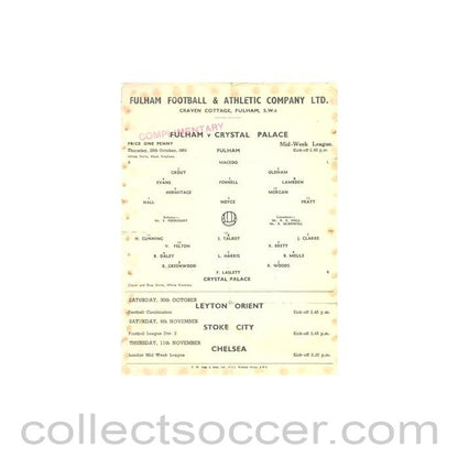 1954 - Fulham v Crystal Palace official programme 28/10/1954 Reserves