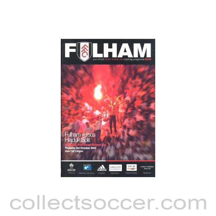 2002 - Fulham v Hajduk Split official programme 03/10/2002 UEFA Cup