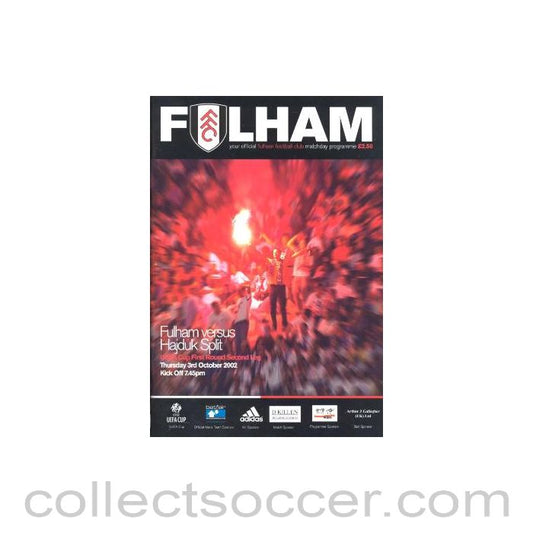 2002 - Fulham v Hajduk Split official programme 03/10/2002 UEFA Cup