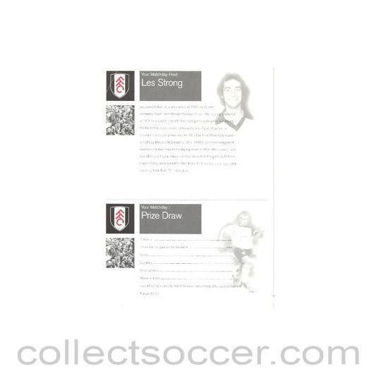 Fulham - Les Strong flyer with biograpgy and a Prize Draw Form