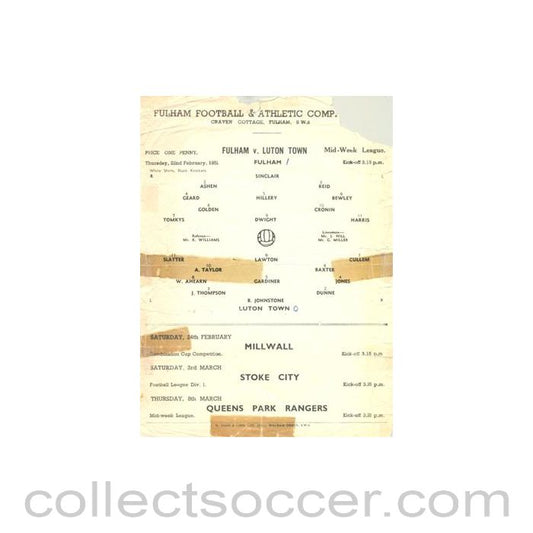 1951 - Fulham v Luton Town official programme 22/02/1951 Reserves, reduced price