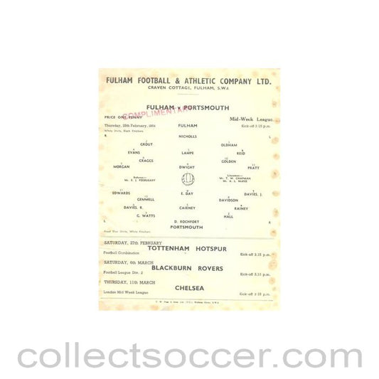 1954 - Fulham v Portsmouth official programme 25/02/1954 Reserves