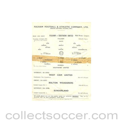 1952 - Fulham v Southend United official programme 03/04/1952 Reserves, reduced price