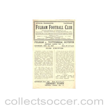 1948 - Fulham v Tottenham Hotspur official programme 04/12/1948 Football League