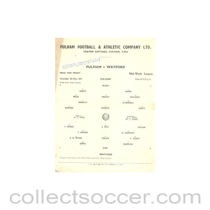1955 - Fulham v Watford official programme 05/05/1955 Reserves