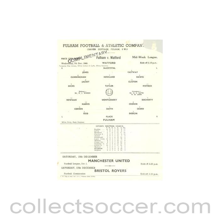 1949 - Fulham v Watford official programme 07/12/1949 Reserves