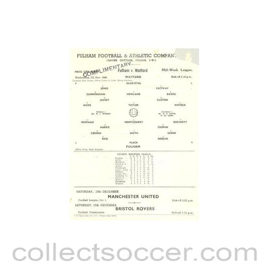 1949 - Fulham v Watford official programme 07/12/1949 Reserves