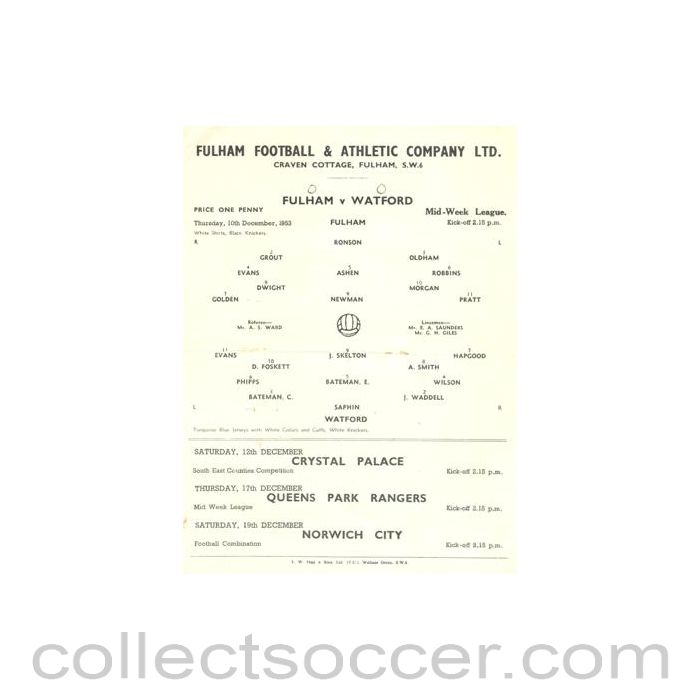 1953 - Fulham v Watford official programme 10/12/1953 Reserves