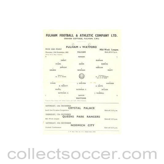 1953 - Fulham v Watford official programme 10/12/1953 Reserves