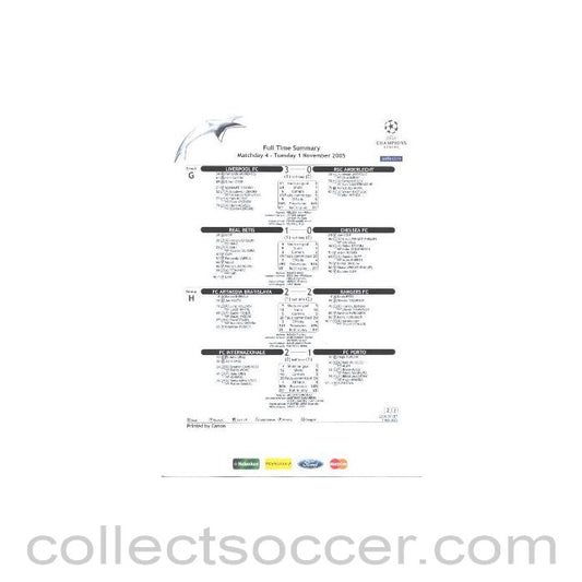 2005 - Real Betis v Chelsea Full Time Summary sheet 01/11/2005 about Liverpool v Anderlecht, Real Betis v Chelsea, Artmedie Bratislava v Rangers and Internazionale v Porto