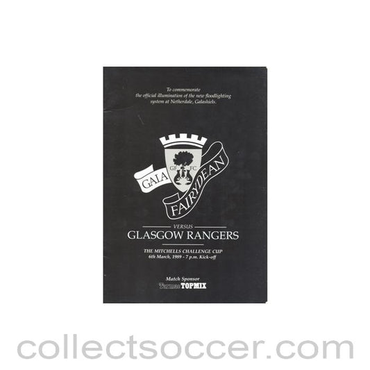 1989 - Gala Fairydean v Glasgow Rangers official programme 06/03/1989 Mitchells Challenge Cup