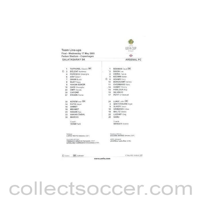 2000 Uefa Cup Final Official Teamsheet Galatasaray v Arsenal 17/05/2000 U