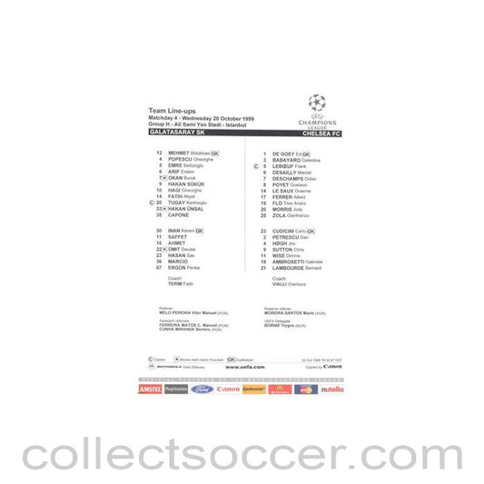 1999 - Galatasaray v Chelsea official colour teamsheet 20/10/1999 Champions League