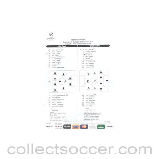 2011 - KRC Genk v Chelsea 01/11/2011 Champions League Comentator Teamsheet