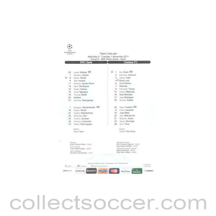 2011 - KRC Genk v Chelsea 01/11/2011 Champions League Teamsheet