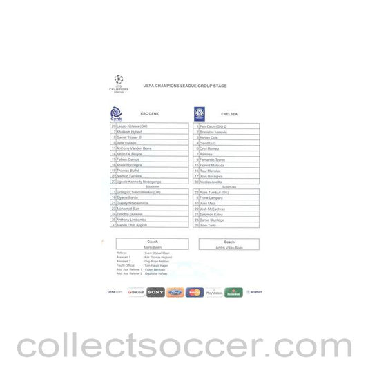 2011 - KRC Genk v Chelsea 01/11/2011 Champions League VIP Teamsheet