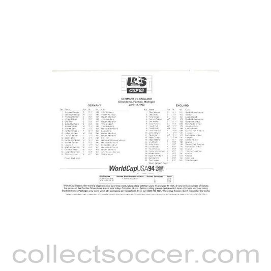 1993 - Germany v England teamsheet 19/06/1993 match played in the USA, World Cup 1994 USA Qualifier