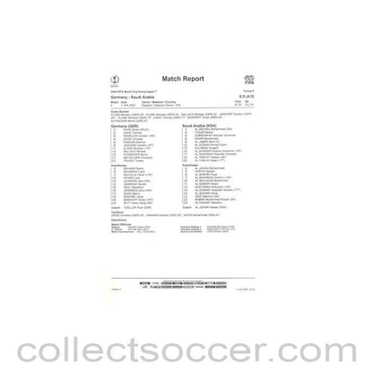 2002 World Cup - Germany v Saudi Arabia 01/06/2002 Match Report & Start List