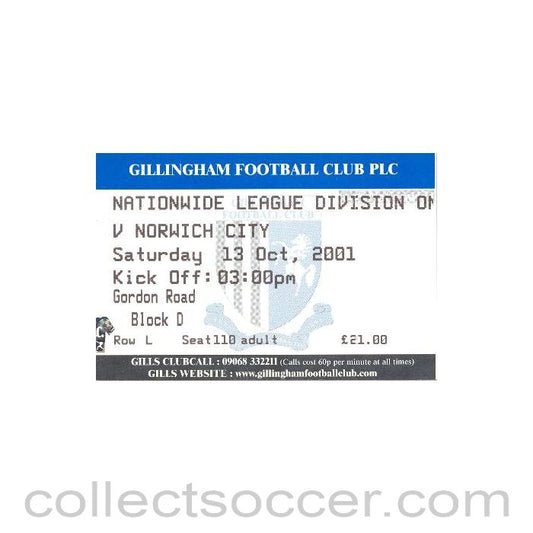 2001 - Gillingham v Norwich City ticket 13/10/2001 Football League