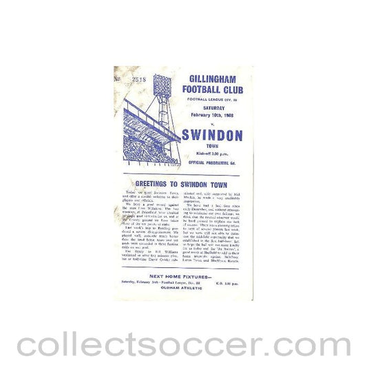 1968 - Gillingham v Swindon official programme 10/02/1968