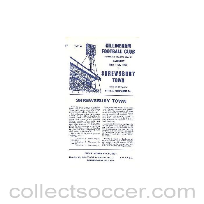 1968 - Gillingham v Shrewsbury Town official programme 11/05/1968