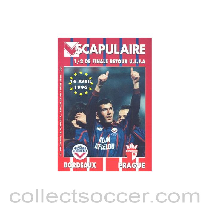 1996 UEFA Cup Semi-Final Programme Girondins Bordeaux v Slavia Prague official programme 16/04/1996