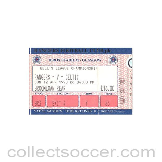 1998 - Glasgow Rangers v Celtic ticket 12/04/1998 Scottish League