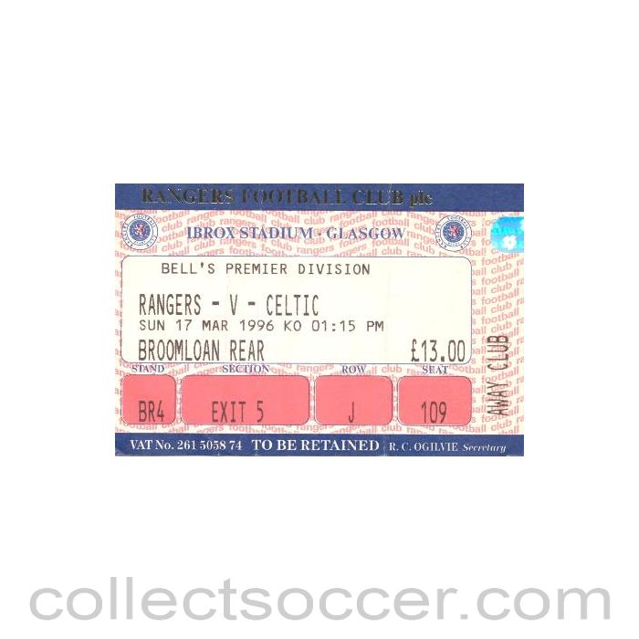 1996 - Glasgow Rangers v Celtic ticket 17/03/1996 Scottish Premier League
