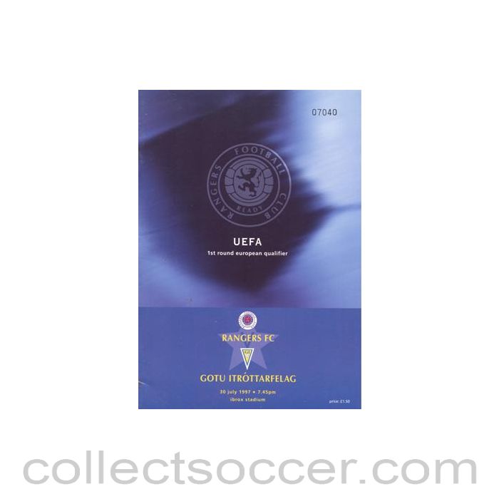 1997 Glasgow Rangers v Gotu Itrottarfelag official programme 30/07/1997 UEFA Cup