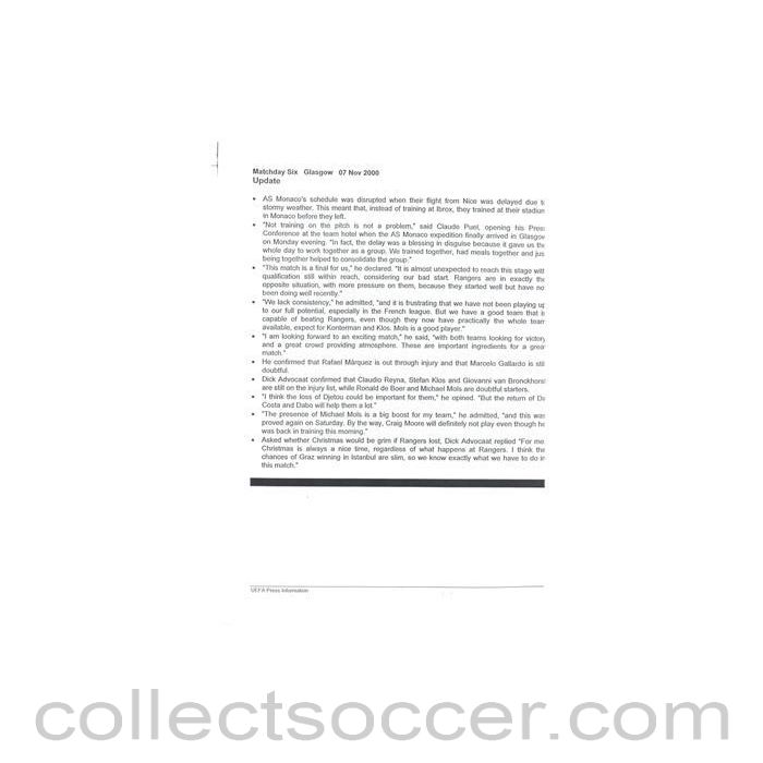 2000 - Glasgow Rangers v Monaco update for the media 07/11/2000 Champions League
