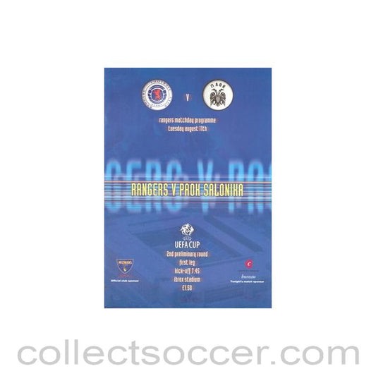 1998 - Glasgow Rangers v Salonika official programme 11/08/1998 UEFA Cup
