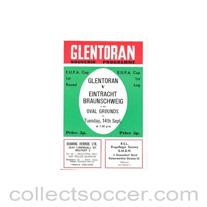1971 - Glentoran v Eintracht Braunschweig official programme 14/09/1971
