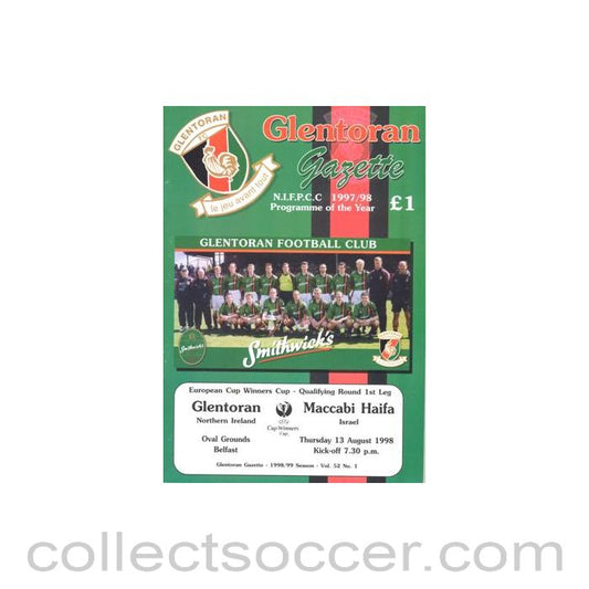 1998 - Glentoran v Maccabi Haifa official programme 13/08/1998 Cup Winners Cup