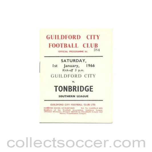 1966 - Guildford City v Tonbridge official programme 01/01/1966