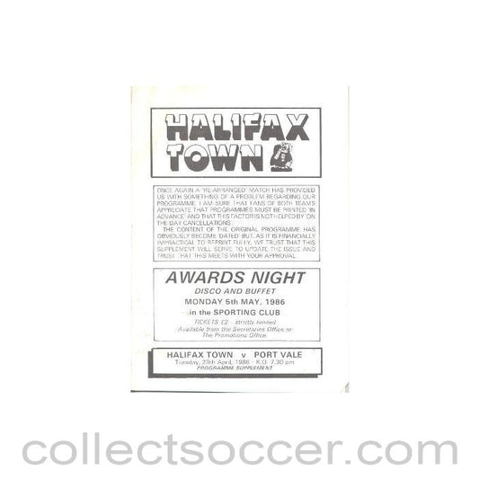 1986 - Halifax Town v Port Vale official programme 21/02/1986 Football League