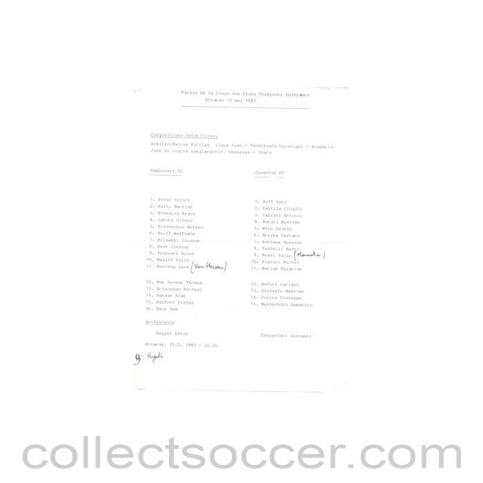 1983 - Hamburg v Juventus official teamsheet 15/05/1983 Champions League