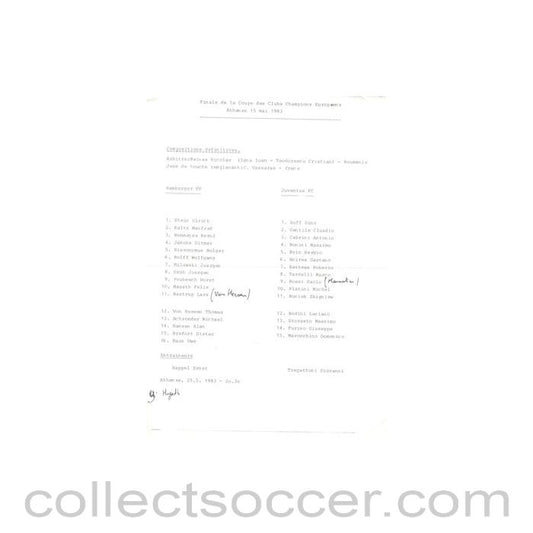 1983 - Hamburg v Juventus official teamsheet 15/05/1983 Champions League