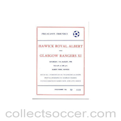 1990 - Hawick Royal Albert v Glasgow Rangers official programmes 11/08/1990 Pre-Season Friendly